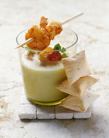 Chilled Melon Broth with Prawn Skewer