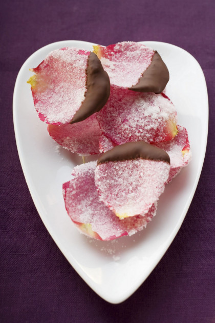 Sugared rose petals with chocolate glaze