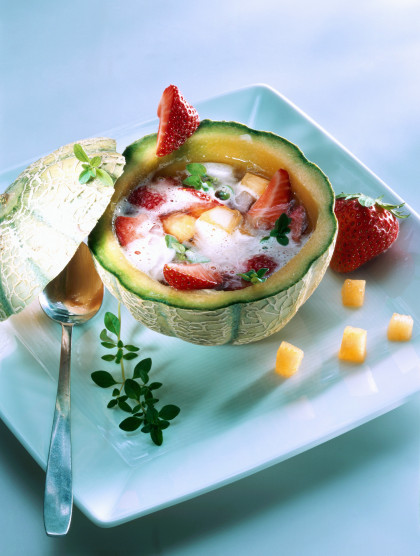 Melon soup with strawberries