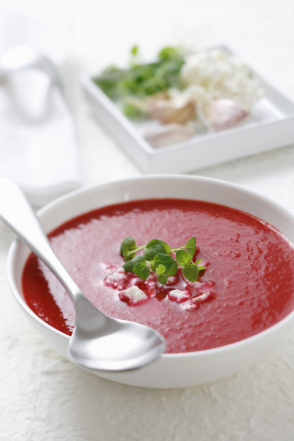 Tomato-beet soup with feta cheese and oregano