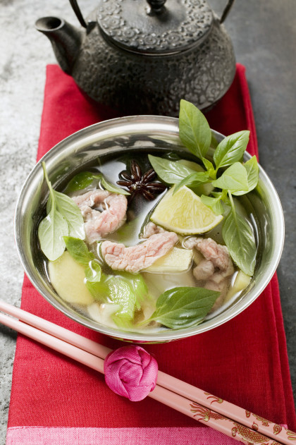 Chicken and lemongrass soup with lime, Thai basil (Asia)