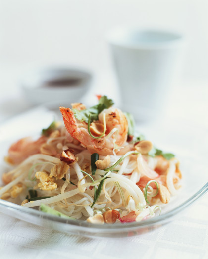 Noodle salad with sprouts, nuts and shrimp