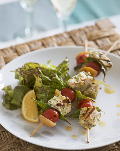 Grilled swordfish and tomato kebabs