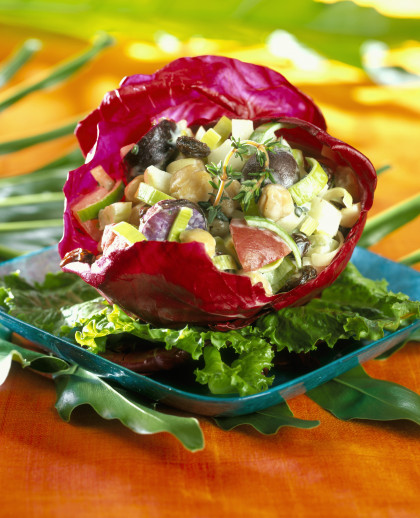 Potato and vegetable salad in a red cabbage leaf