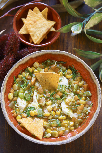 Sweetcorn soup with tortilla chips
