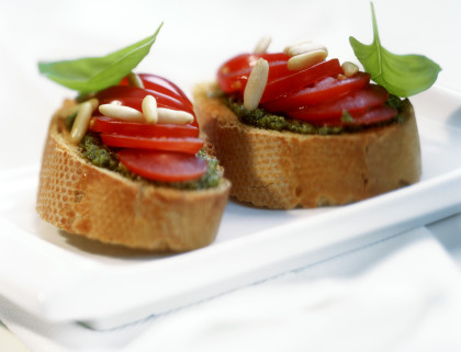 Crostini with Pesto, Tomatoes and Pine Nuts