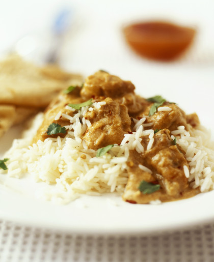 Chicken korma (chicken in almond curry sauce) with rice