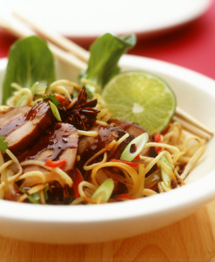 Chinese style roast pork with noodles and chilli