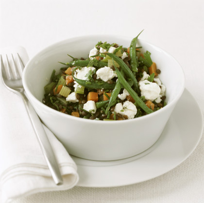 Green bean and lentil salad with vegetables and feta
