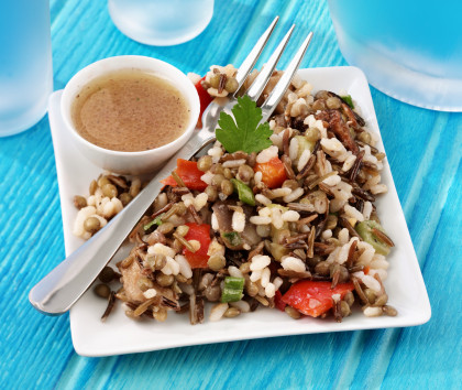 Rice salad with lentils and aubergines and a garlic dressing