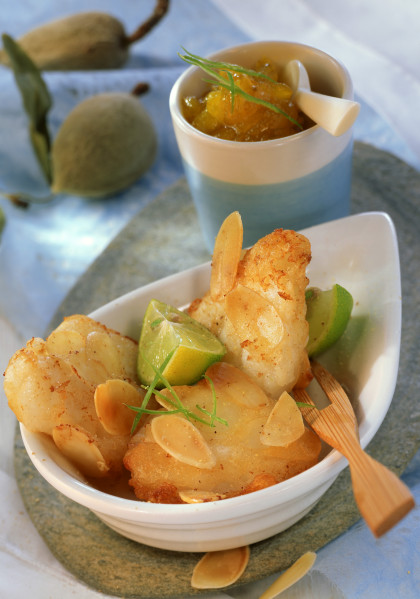 Monk fish in almond tempura with apple chutney