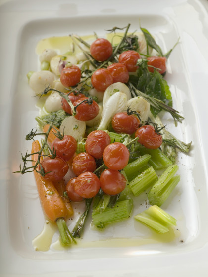 Roasted cherry tomatoes, celery, spring onions, carrots