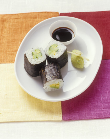 Maki sushi with avocado and ginger dip