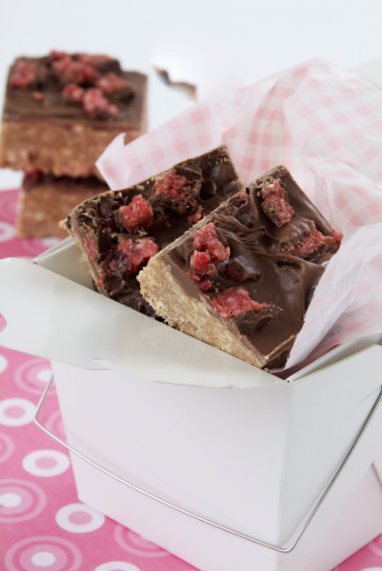 Cherry and coconut slices with chocolate icing