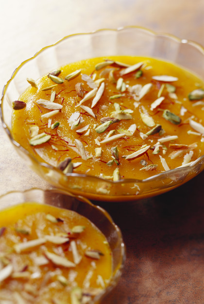 Almond pudding with saffron and pistachios