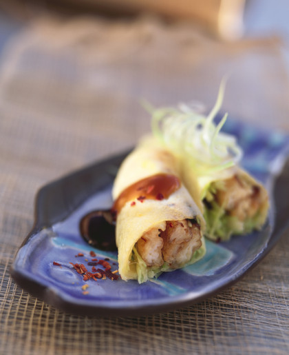 Chinese pancakes with leeks and fried sole
