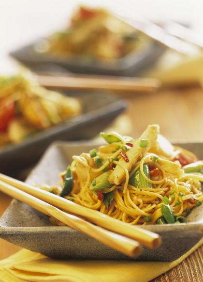 Stir fried noodles with tofu and water chestnuts