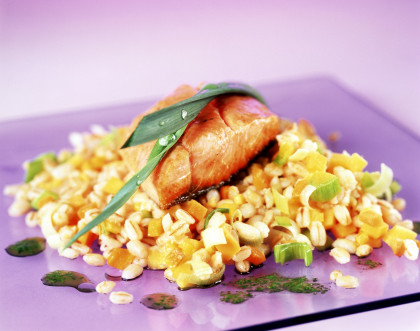 Pearl barley with fried salmon trout