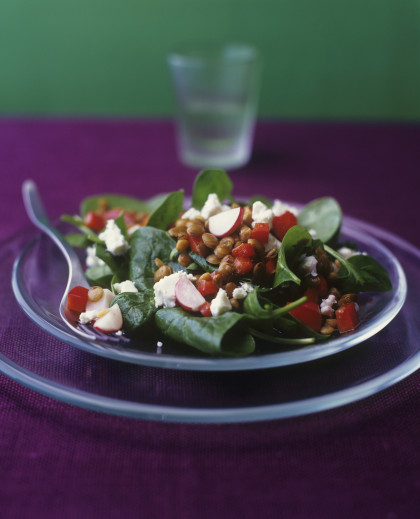 Spinach and lentil salad with radishes and feta cheese