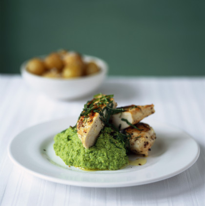 Chicken breast with pea purée
