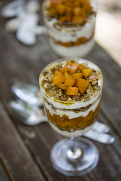 Parfait with apricots, honey, walnuts and Greek yogurt