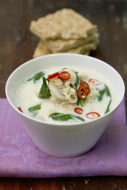 Chicken coconut soup with spinach, lemongrass and chilli