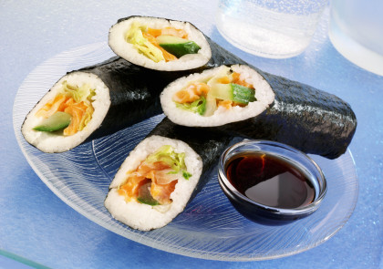 Sushi rolls with soy sauce