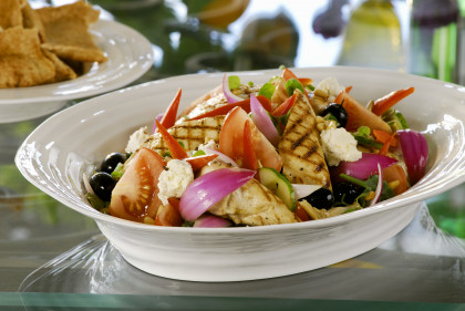 Greek salad with grilled chicken breast