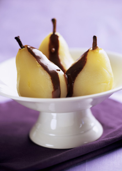 Poached pears with chocolate sauce