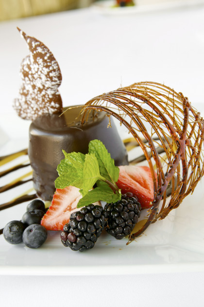 Chocolate cream with caramel lattice and berries