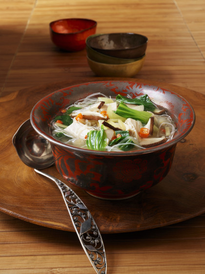 Thai soup with glass noodles, turkey and pak choi