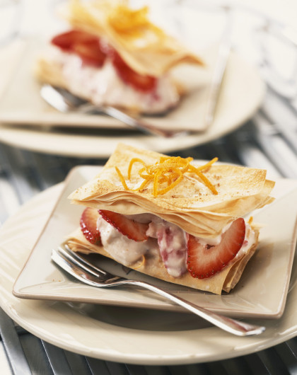 Crisp pastry leaves filled with strawberries and yogurt