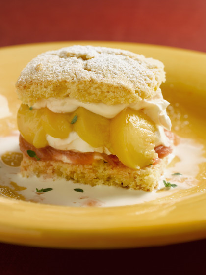 Shortcake filled with peaches and rhubarb