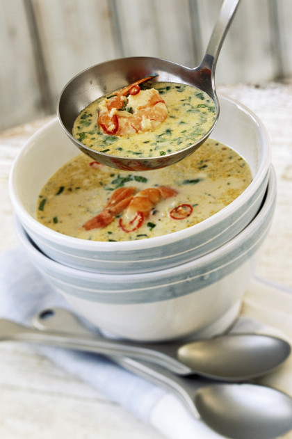 Spicy Australian coconut soup with prawns and coriander