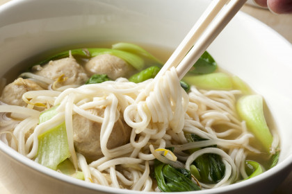 Shanghai noodle soup with bok choy and meat balls