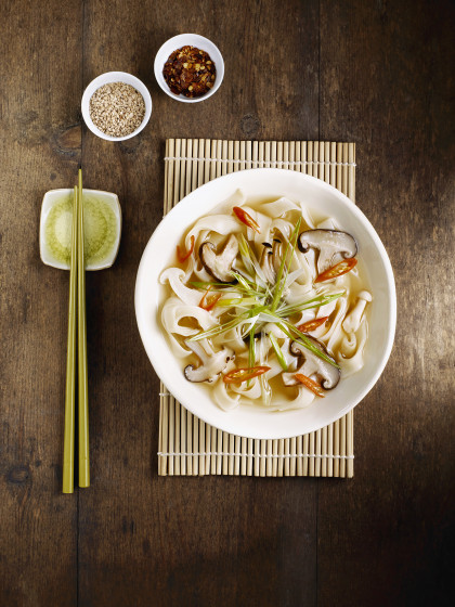 Wide Chinese noodles with mushrooms