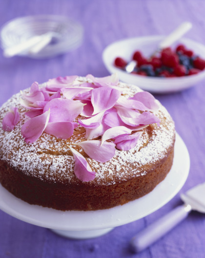 Yogurt almond cake with rose syrup and rose petals