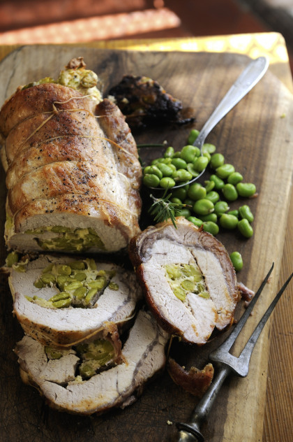 Roast pork loin with broad bean and cheese stuffing
