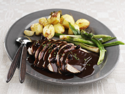 Roast pork with blackcurrant sauce and spring onions (Sweden)