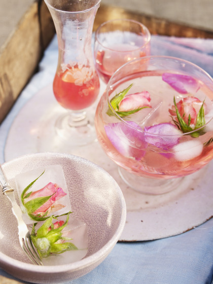 Rose petal syrup with rose ice cubes