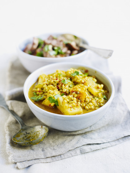Vegan Root vegetable curry with barley and Thai basil