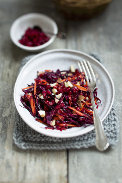 Red cabbage salad with pomegranate and Brazil nuts