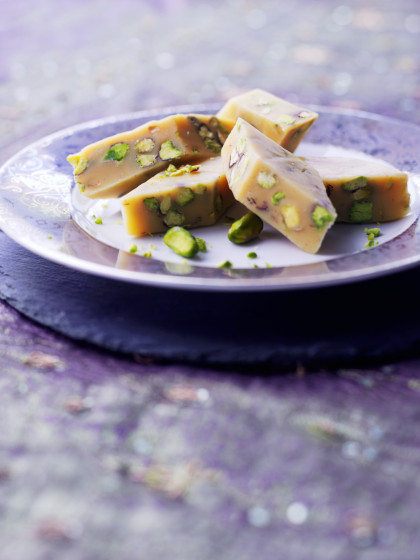 Barfi with pistachios (Almond Milk candy, India)