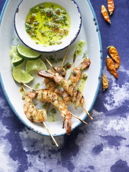 Prawn skewers with herb & chilli sauce