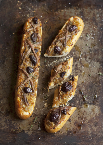 Baguette with anchovies and olives
