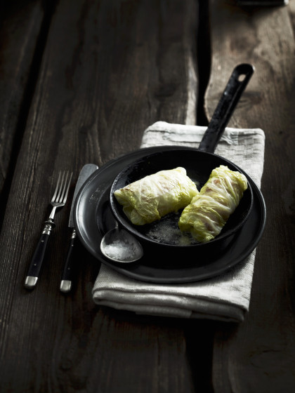 Chinese cabbage wraps filled with mushrooms and bacon
