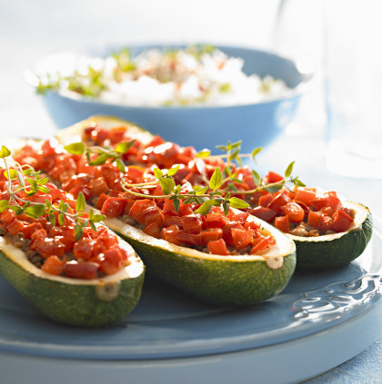 Paleo Courgettes stuffed with mince and diced tomatoes