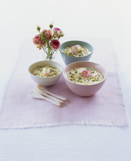 Moroccan rice pudding with pistachios and rose petals