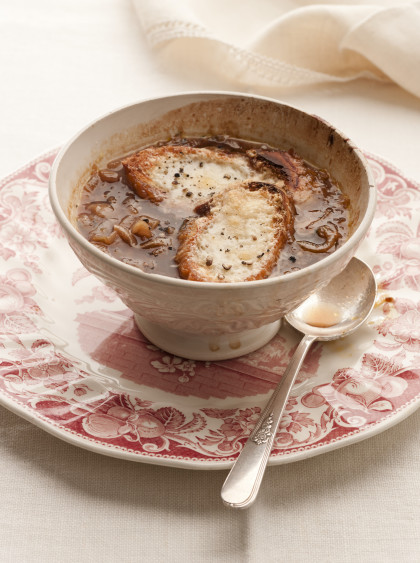 French onion soup topped with cheesy toast