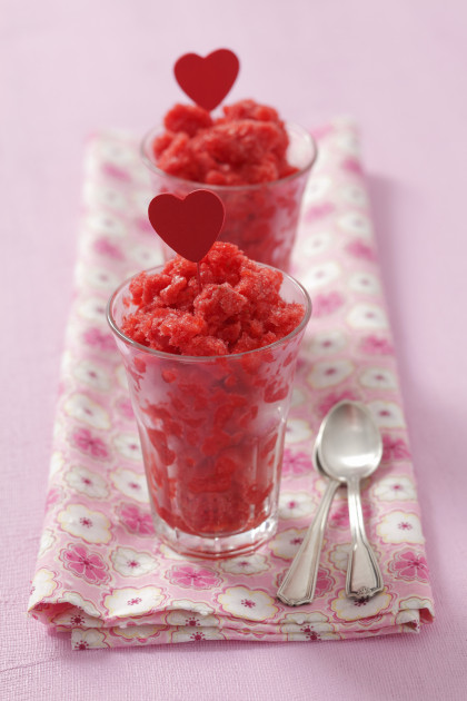 Strawberry granita with red heart decorations